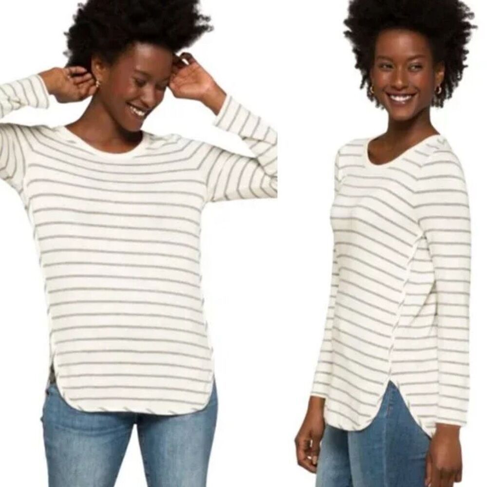 Market & Spruce Zansia Curved Hem French Terry Knit Top White Gray Stripe Size 1